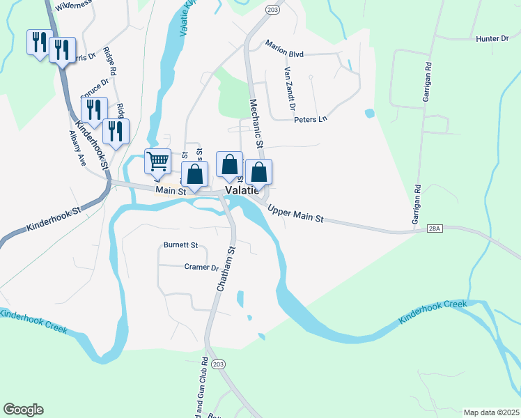 map of restaurants, bars, coffee shops, grocery stores, and more near 3065 Upper Main Street in Valatie