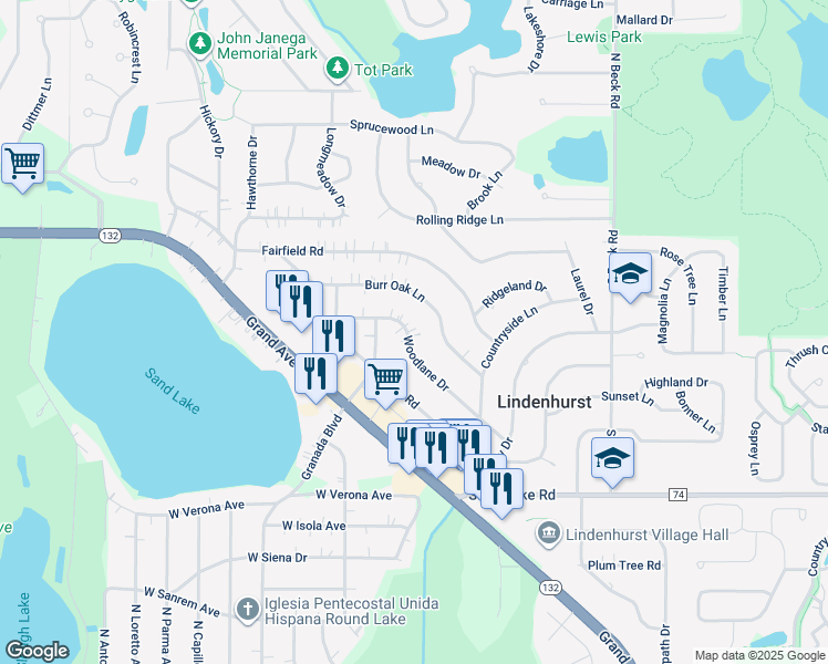 map of restaurants, bars, coffee shops, grocery stores, and more near 2020 Woodlane Drive in Lindenhurst