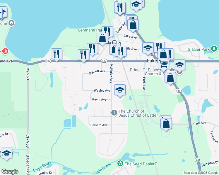 map of restaurants, bars, coffee shops, grocery stores, and more near 130 McKinley Avenue in Lake Villa