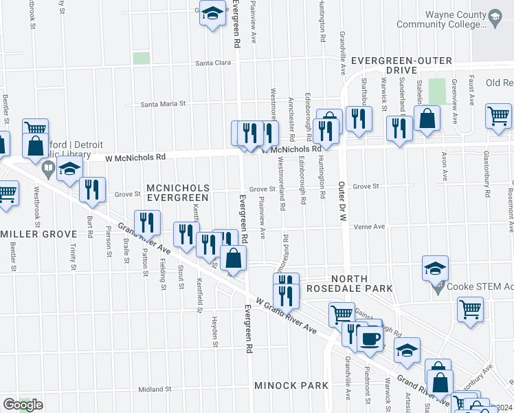 map of restaurants, bars, coffee shops, grocery stores, and more near 16747 Plainview Avenue in Detroit