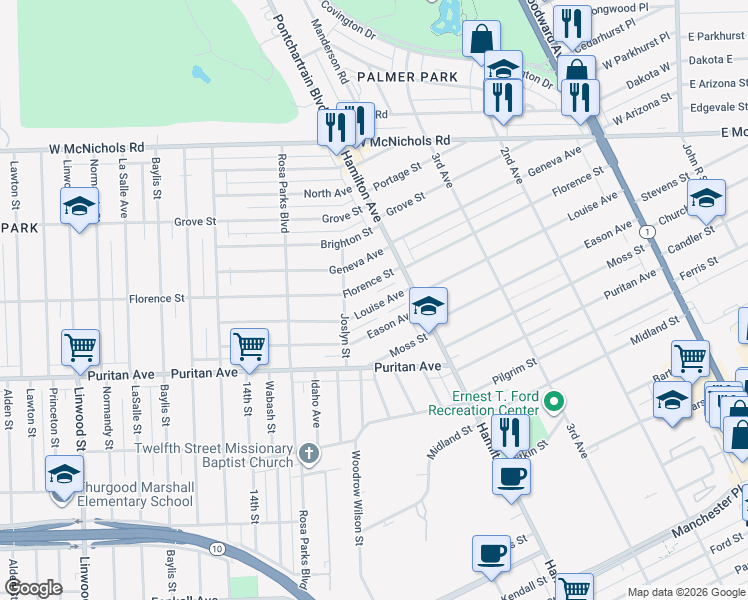 map of restaurants, bars, coffee shops, grocery stores, and more near 314 Louise Avenue in Highland Park