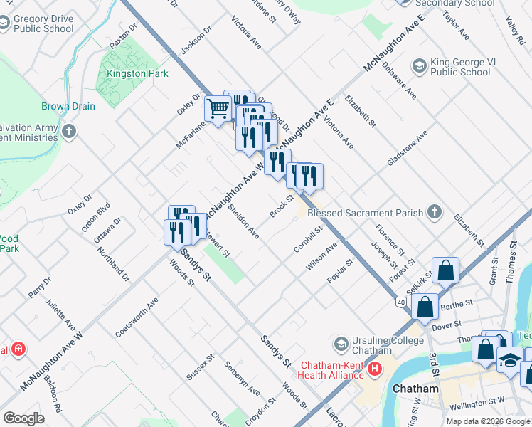 map of restaurants, bars, coffee shops, grocery stores, and more near 51 Brock Street in Chatham