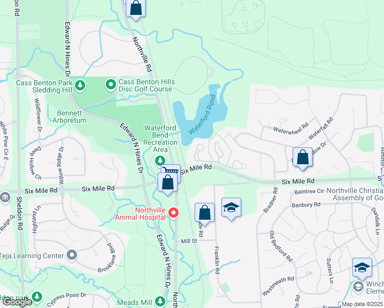 map of restaurants, bars, coffee shops, grocery stores, and more near 17441 Cedar Lake Circle in Northville