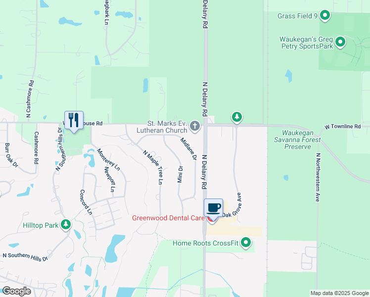 map of restaurants, bars, coffee shops, grocery stores, and more near 3320 Midlane Drive in Wadsworth