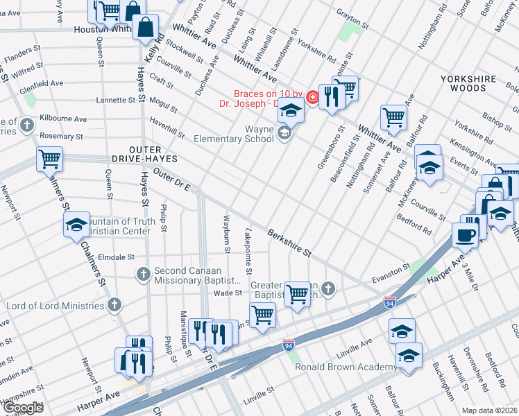 map of restaurants, bars, coffee shops, grocery stores, and more near 10242 Lakepointe Street in Detroit