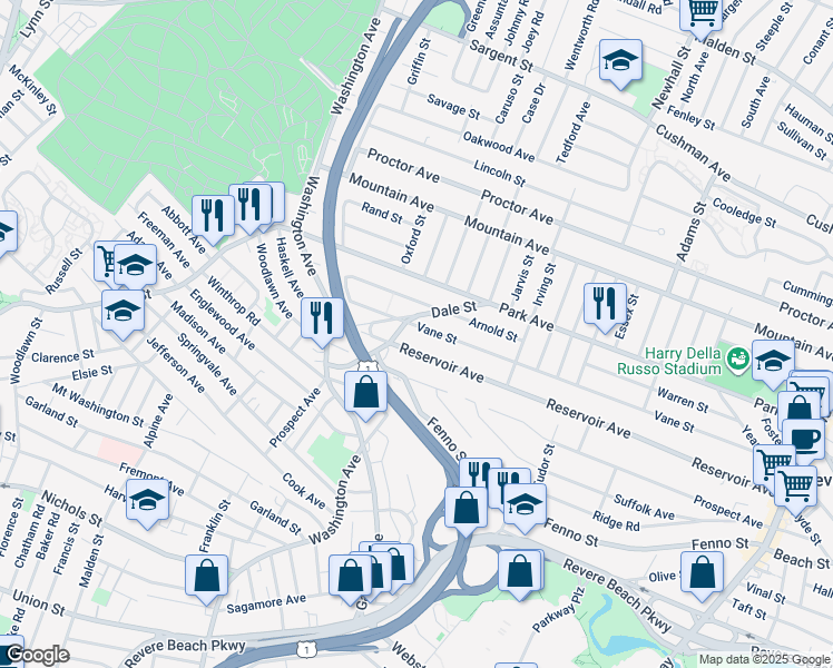map of restaurants, bars, coffee shops, grocery stores, and more near 382 Vane Street in Revere