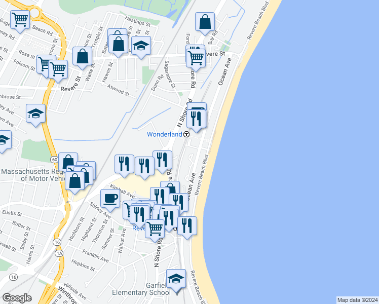 map of restaurants, bars, coffee shops, grocery stores, and more near 394 Ocean Avenue in Revere