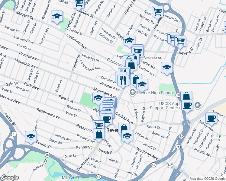 map of restaurants, bars, coffee shops, grocery stores, and more near 14 Proctor Avenue in Revere