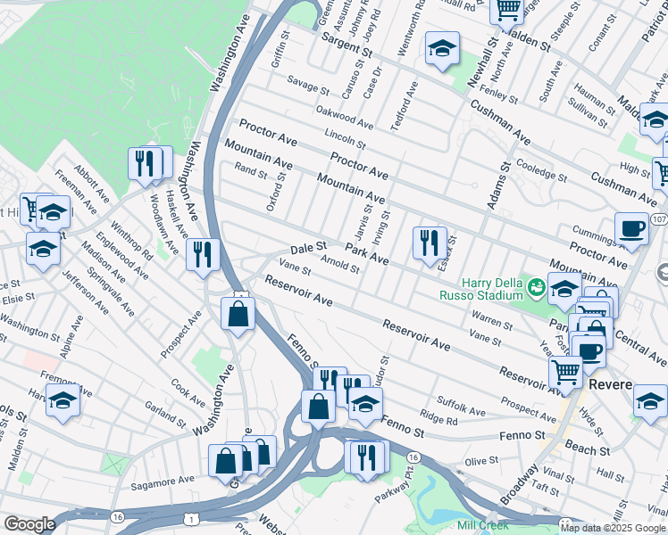 map of restaurants, bars, coffee shops, grocery stores, and more near 30 Arnold Street in Revere