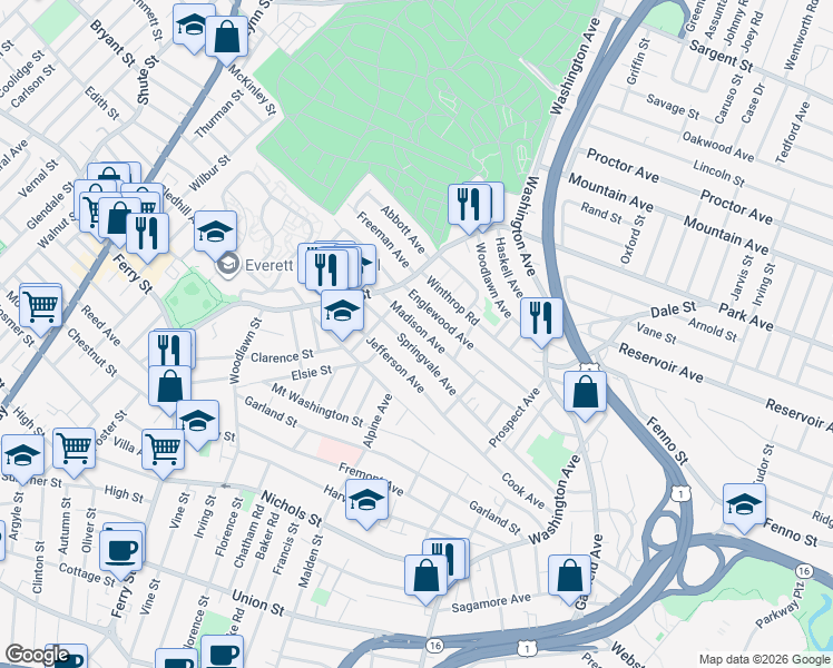 map of restaurants, bars, coffee shops, grocery stores, and more near 209 Springvale Avenue in Everett