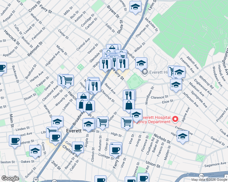 map of restaurants, bars, coffee shops, grocery stores, and more near 10 Franklin Street in Everett