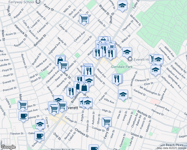 map of restaurants, bars, coffee shops, grocery stores, and more near 634 Broadway in Everett