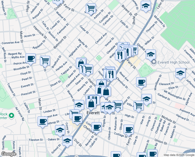 map of restaurants, bars, coffee shops, grocery stores, and more near 55 Kenilworth Street in Everett