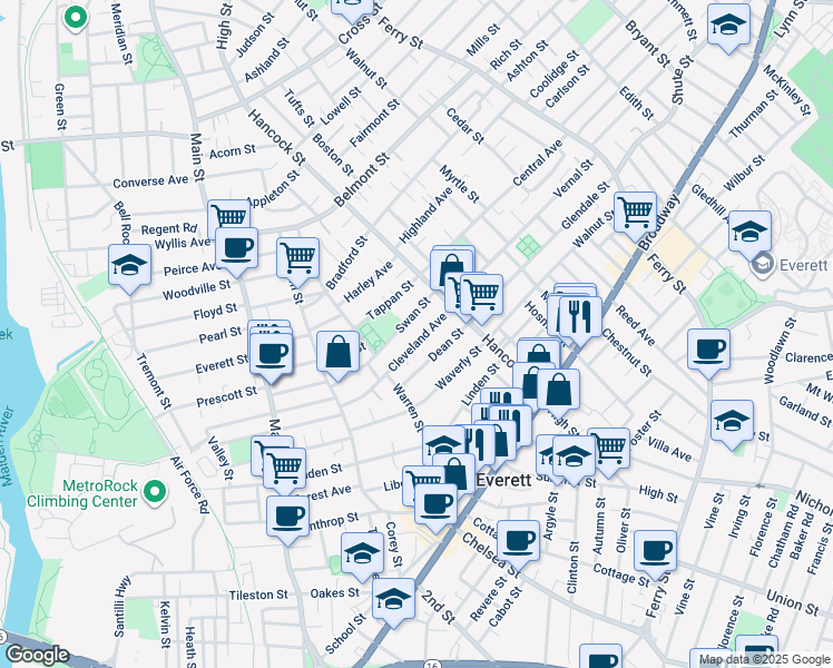 map of restaurants, bars, coffee shops, grocery stores, and more near 91 Cleveland Avenue in Everett