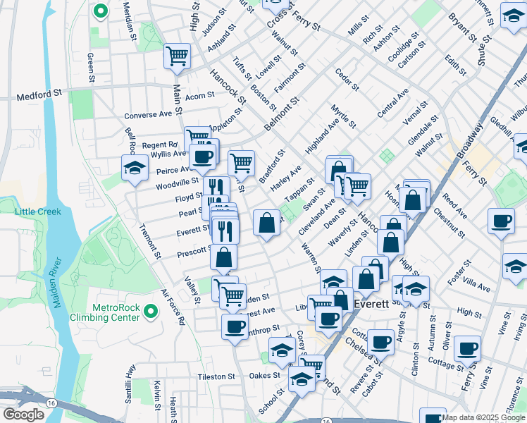 map of restaurants, bars, coffee shops, grocery stores, and more near 35 Wall Street in Everett