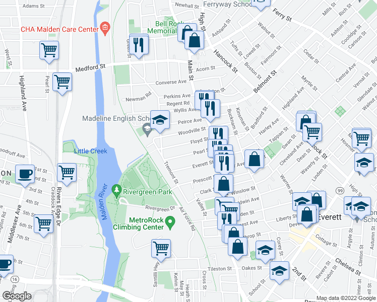 map of restaurants, bars, coffee shops, grocery stores, and more near 47A Pearl Street in Everett