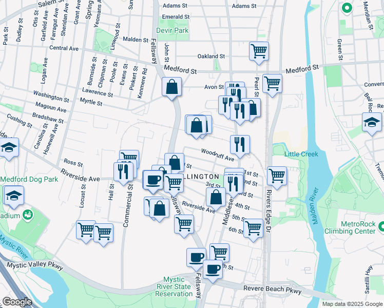 map of restaurants, bars, coffee shops, grocery stores, and more near 135 1st Street in Medford