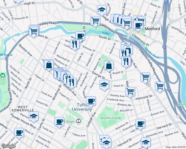 map of restaurants, bars, coffee shops, grocery stores, and more near 8 Burget Avenue in Medford