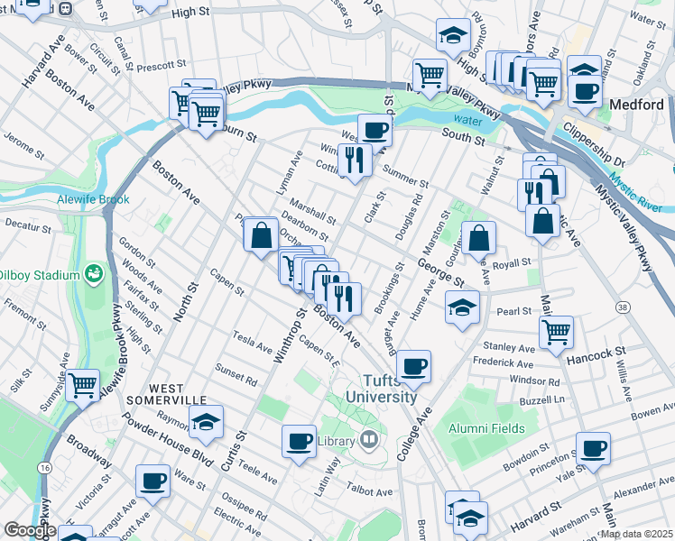 map of restaurants, bars, coffee shops, grocery stores, and more near 2 Charnwood Road in Medford