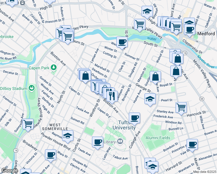 map of restaurants, bars, coffee shops, grocery stores, and more near 2 Charnwood Road in Medford