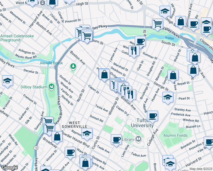 map of restaurants, bars, coffee shops, grocery stores, and more near 24 Hillsdale Road in Medford