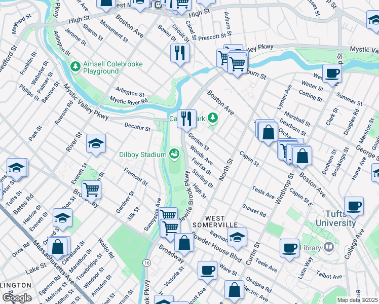 map of restaurants, bars, coffee shops, grocery stores, and more near 70 Woods Avenue in Somerville