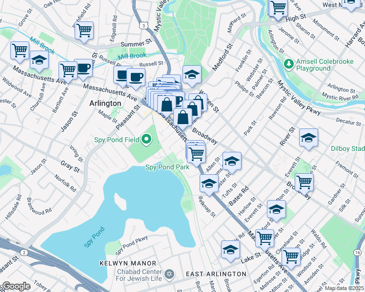 map of restaurants, bars, coffee shops, grocery stores, and more near 382 Massachusetts Avenue in Arlington
