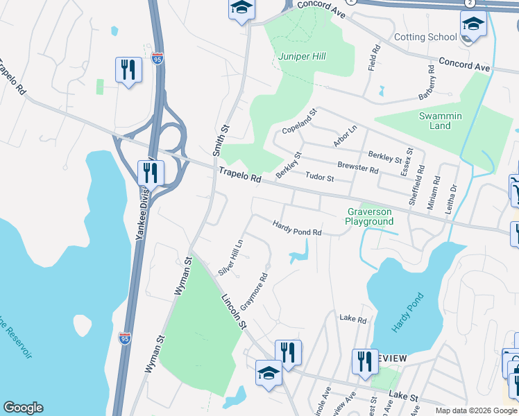 map of restaurants, bars, coffee shops, grocery stores, and more near 114 Hillcrest Road in Waltham