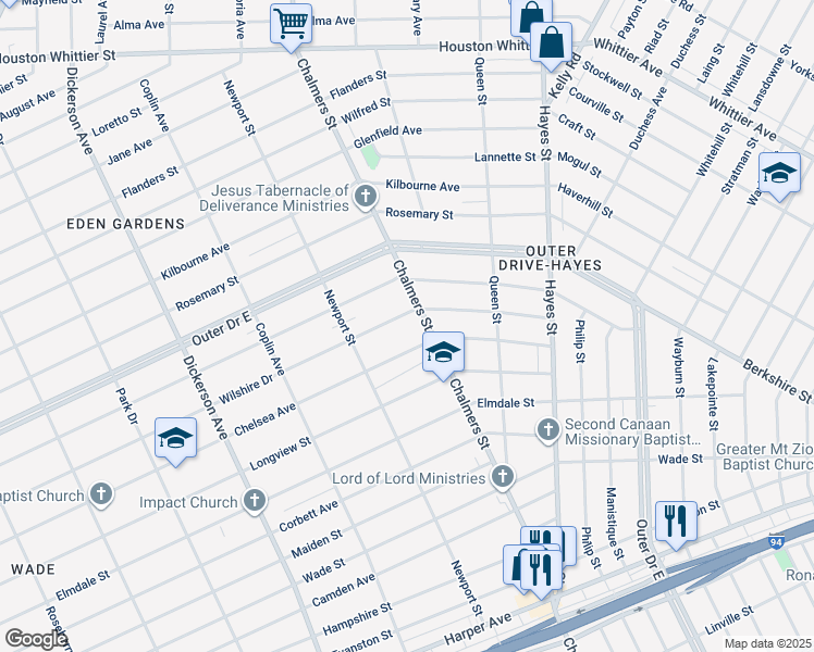 map of restaurants, bars, coffee shops, grocery stores, and more near 14278 Wilshire Drive in Detroit