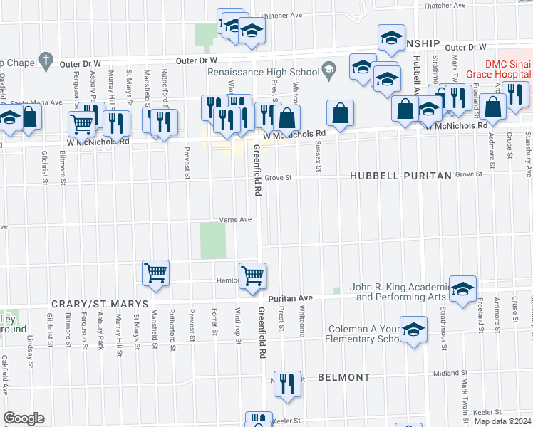 map of restaurants, bars, coffee shops, grocery stores, and more near 16676 Greenfield Road in Detroit