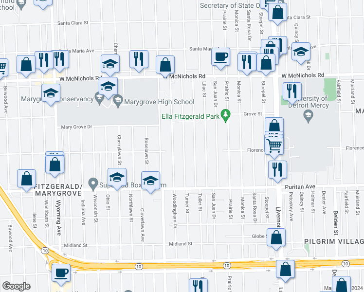 map of restaurants, bars, coffee shops, grocery stores, and more near 16521 Turner St in Detroit