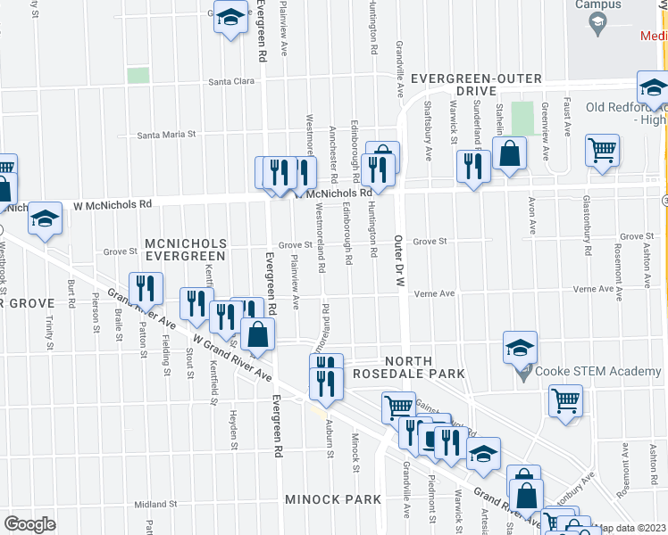 map of restaurants, bars, coffee shops, grocery stores, and more near 16746 Westmoreland Road in Detroit