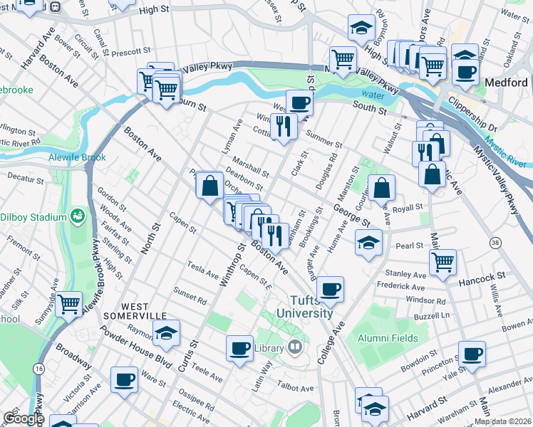 map of restaurants, bars, coffee shops, grocery stores, and more near 2 Charnwood Road in Medford
