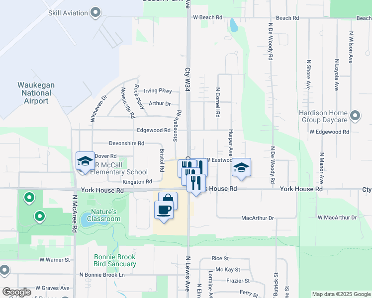 map of restaurants, bars, coffee shops, grocery stores, and more near 3312 Cty W34 in Waukegan