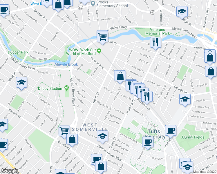 map of restaurants, bars, coffee shops, grocery stores, and more near 30 Quincy Street in Medford
