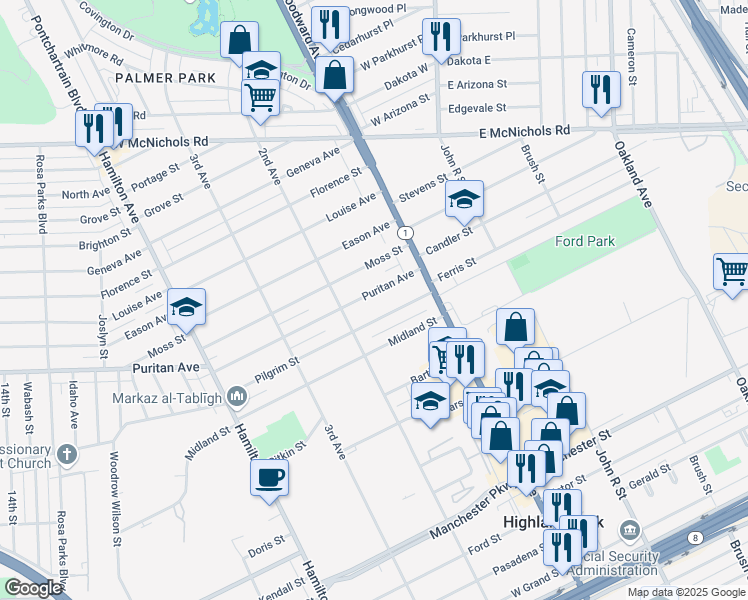 map of restaurants, bars, coffee shops, grocery stores, and more near 61 Puritan Avenue in Highland Park