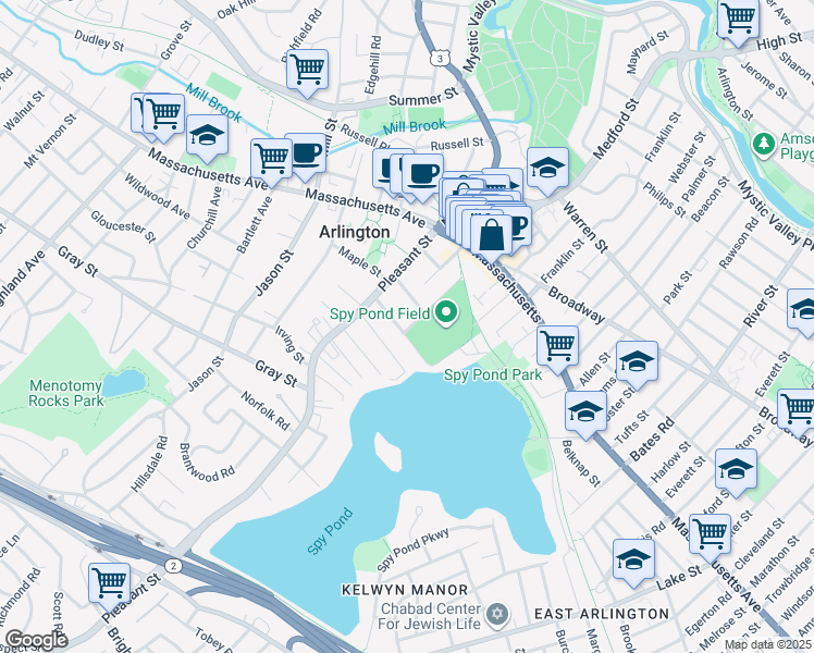 map of restaurants, bars, coffee shops, grocery stores, and more near 40 Wellington Street in Arlington