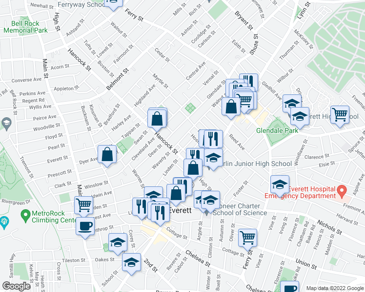map of restaurants, bars, coffee shops, grocery stores, and more near 55 Kenilworth Street in Everett