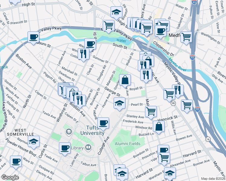 map of restaurants, bars, coffee shops, grocery stores, and more near 87 Gourley Road in Medford