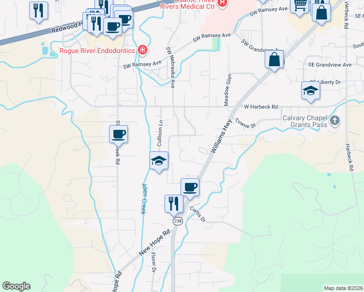 map of restaurants, bars, coffee shops, grocery stores, and more near 1073 Mayfair Lane in Grants Pass