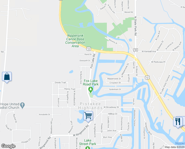 map of restaurants, bars, coffee shops, grocery stores, and more near 5902 Fox Lake Road in McHenry