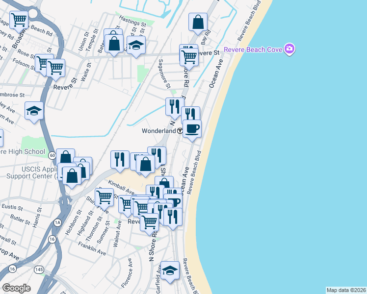map of restaurants, bars, coffee shops, grocery stores, and more near 394 Ocean Avenue in Revere