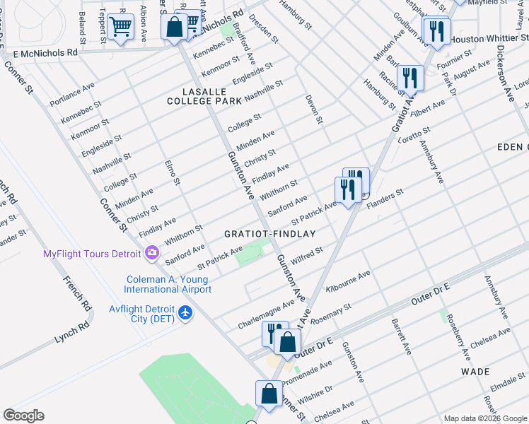 map of restaurants, bars, coffee shops, grocery stores, and more near 11707 Sanford Avenue in Detroit