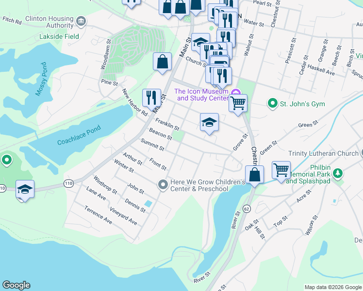 map of restaurants, bars, coffee shops, grocery stores, and more near 91 Beacon Street in Clinton