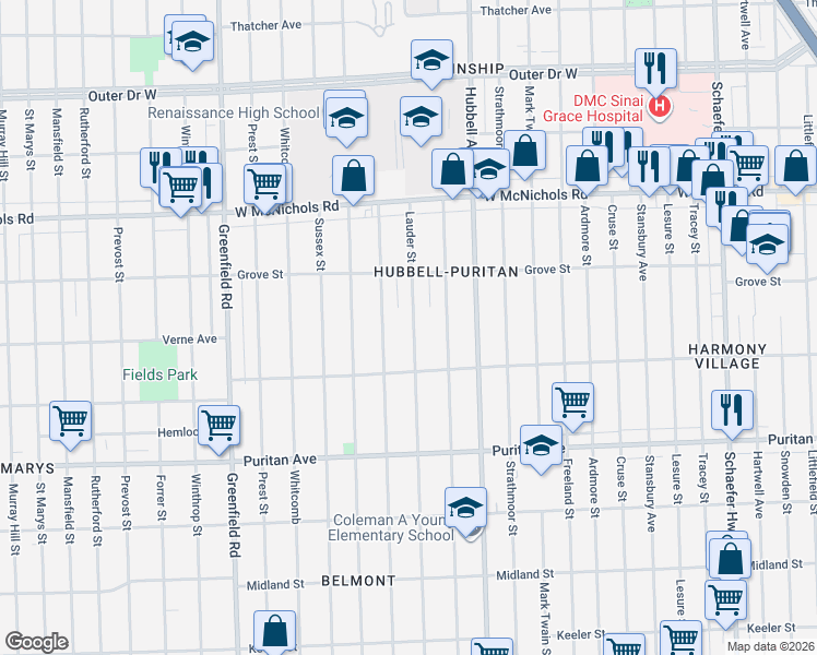 map of restaurants, bars, coffee shops, grocery stores, and more near 16576 Lauder Street in Detroit