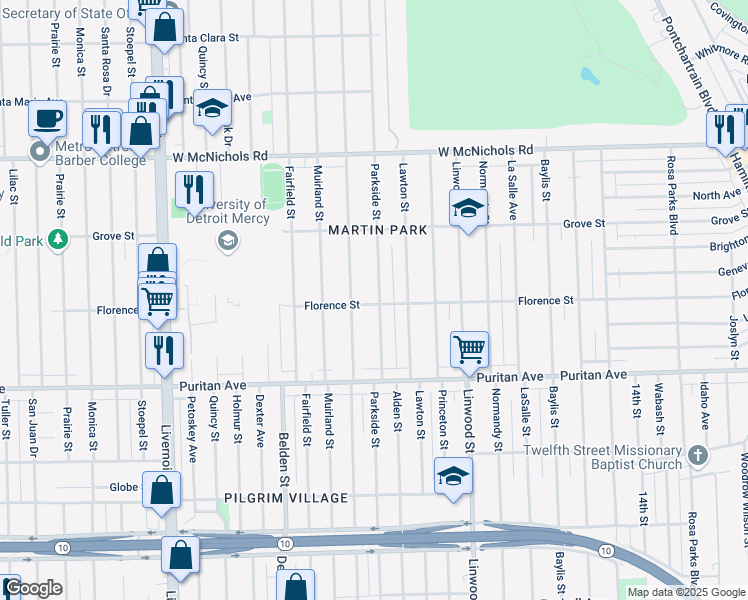 map of restaurants, bars, coffee shops, grocery stores, and more near 16503 Parkside Street in Detroit