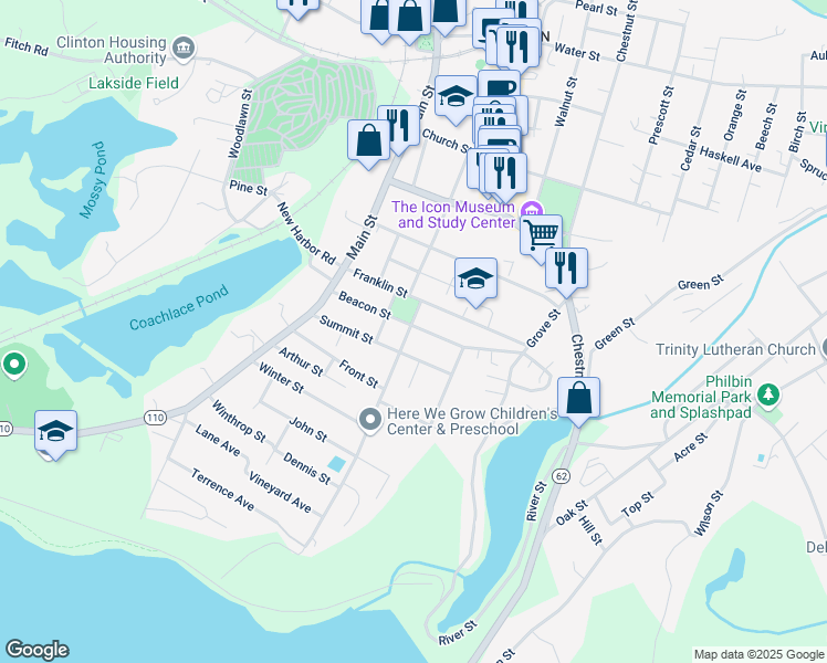 map of restaurants, bars, coffee shops, grocery stores, and more near 85 Beacon Street in Clinton