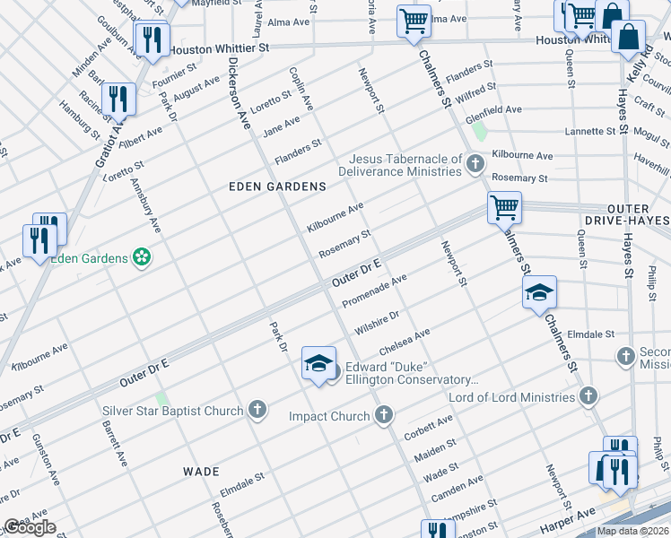 map of restaurants, bars, coffee shops, grocery stores, and more near 9047 Outer Drive East in Detroit