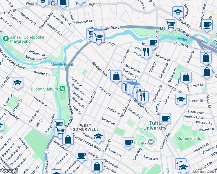 map of restaurants, bars, coffee shops, grocery stores, and more near 15 Adams Street in Medford