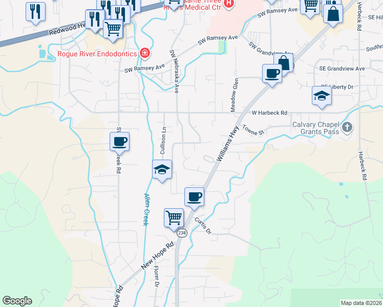 map of restaurants, bars, coffee shops, grocery stores, and more near 1073 Mayfair Lane in Grants Pass